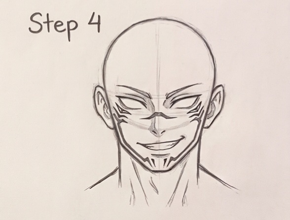 Step 4 - Sketching Sukuna facial tattoos, cheek markings, and teeth