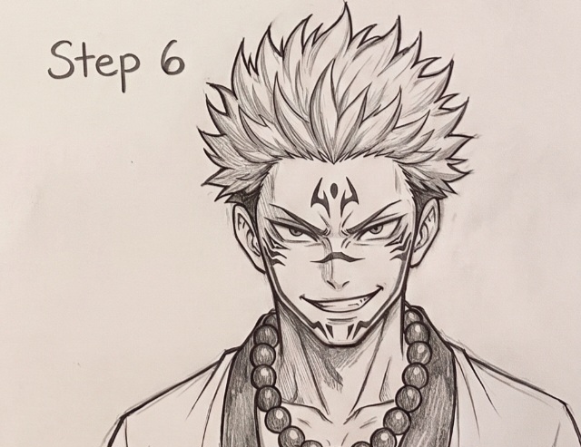 Step 6 - Complete Sukuna drawing with spiked hair, kimono collar, and prayer beads