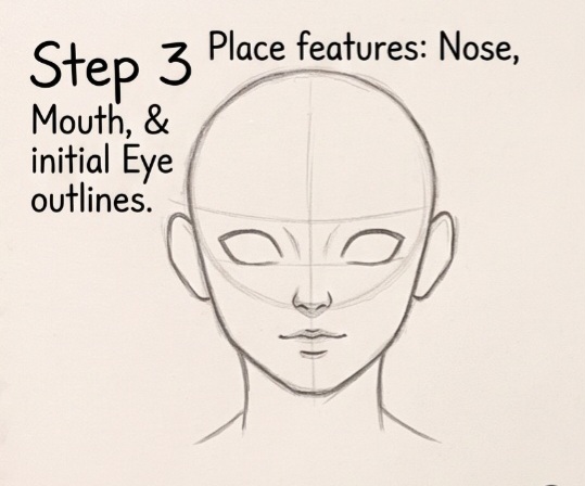 How to draw Anime Naruto Hinata Hyuuga face step 3 - Initial placement of nose, soft mouth, and ears