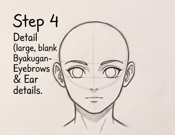 How to draw Anime Naruto Hinata Hyuuga face step 4 - Detailed Byakugan eyes, thick eyelashes, and ear inner details