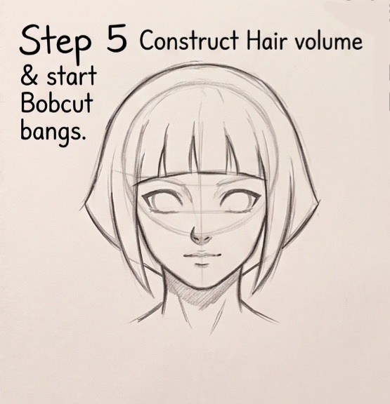 How to draw Anime Naruto Hinata Hyuuga face step 5 - Constructing hair volume and straight anime bangs