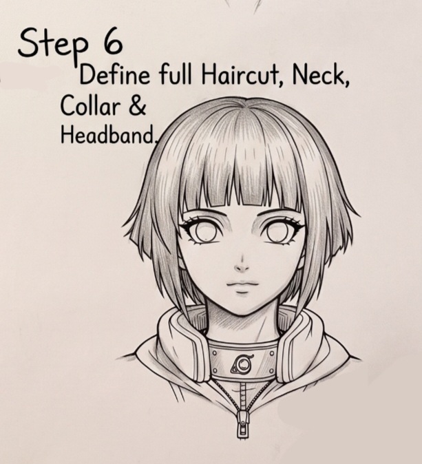 How to draw Anime Naruto Hinata Hyuuga face step 6 - Finished detailed pencil drawing of Hinata Hyuga with headband and collar