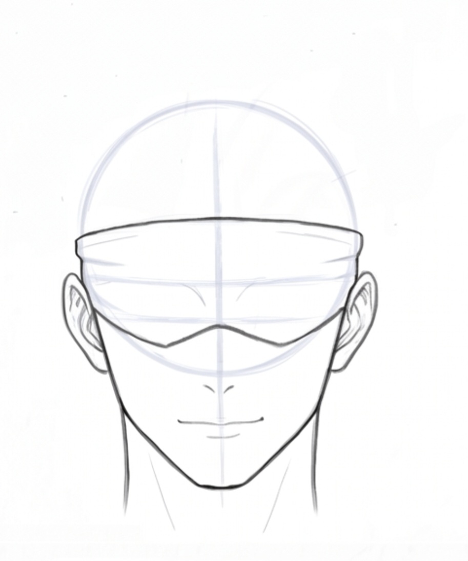 Step 5 sketching the curved black fabric blindfold across Gojo's face