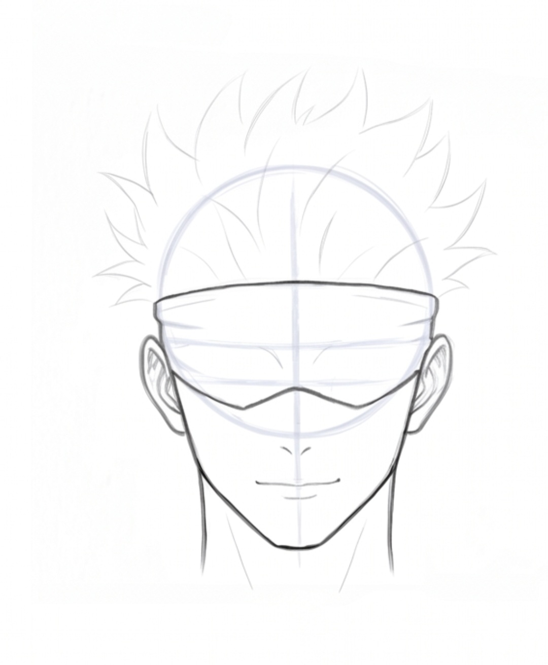 Step 6 drawing spiky anime hair outline rising above Gojo's blindfold