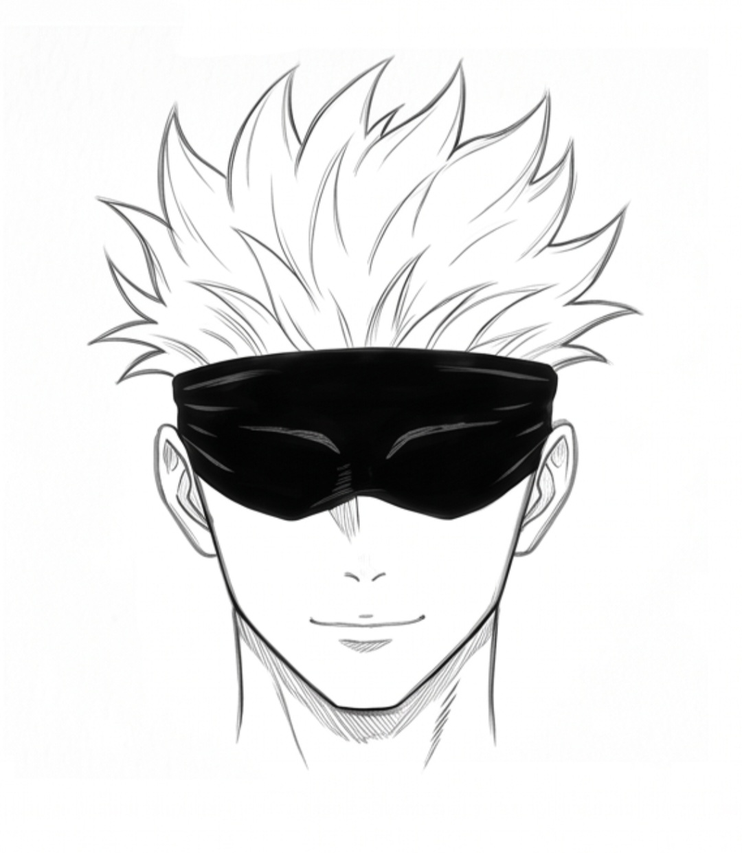 Step 7 final inked drawing of Gojo Satoru with shaded black blindfold and clean spiky hair line art