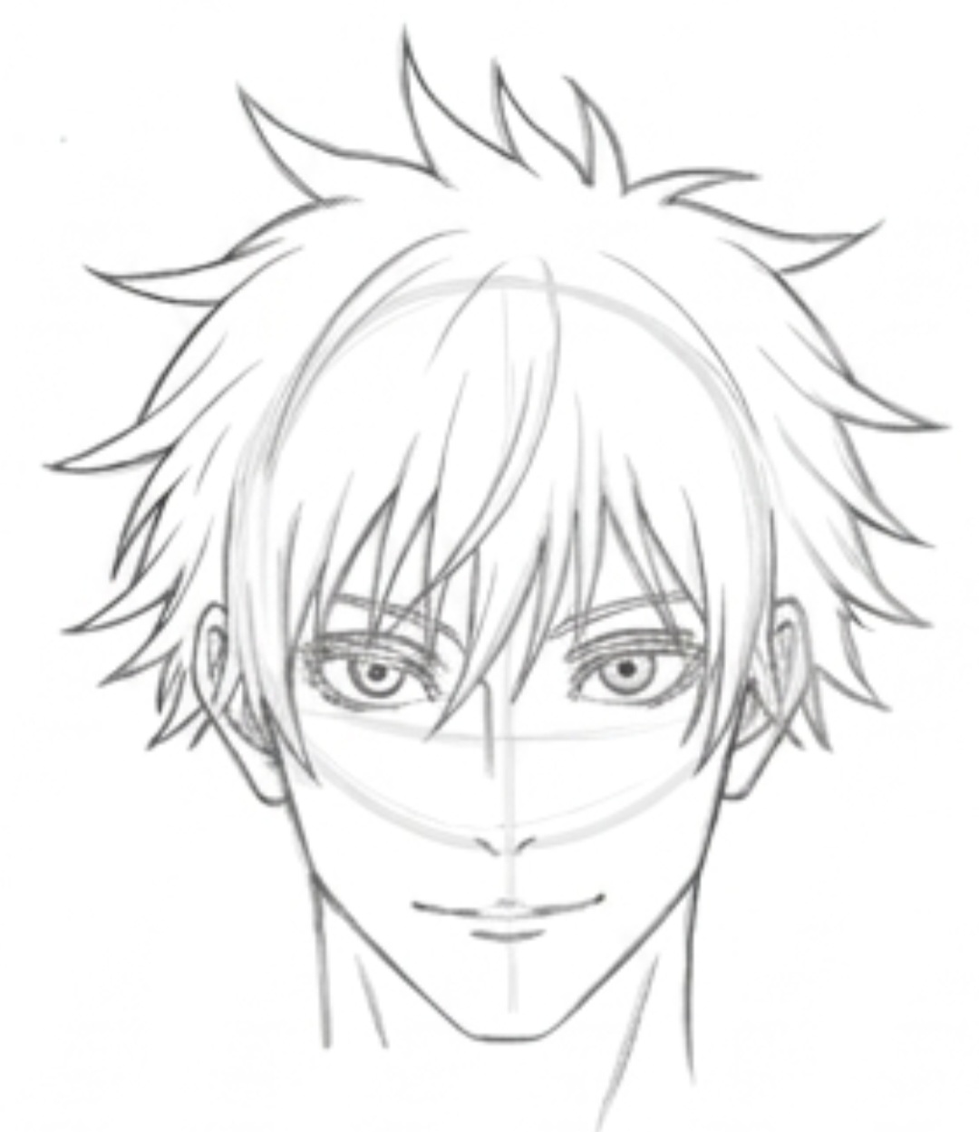 Step 8 sketching full spiky hair volume surrounding Gojo's head