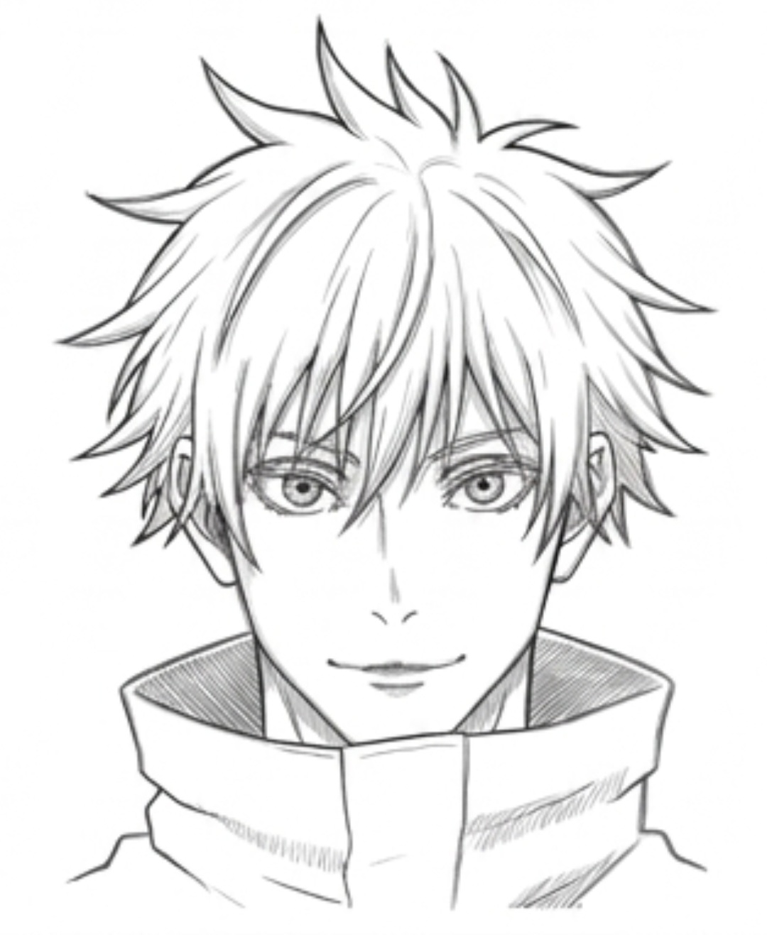 Step 9 final inked drawing of unmasked Gojo Satoru with high collar uniform and clean line art