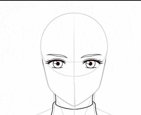 Step 2 drawing detailed retro anime eyes, eyebrows, and lashes for Hikaru Makiba.