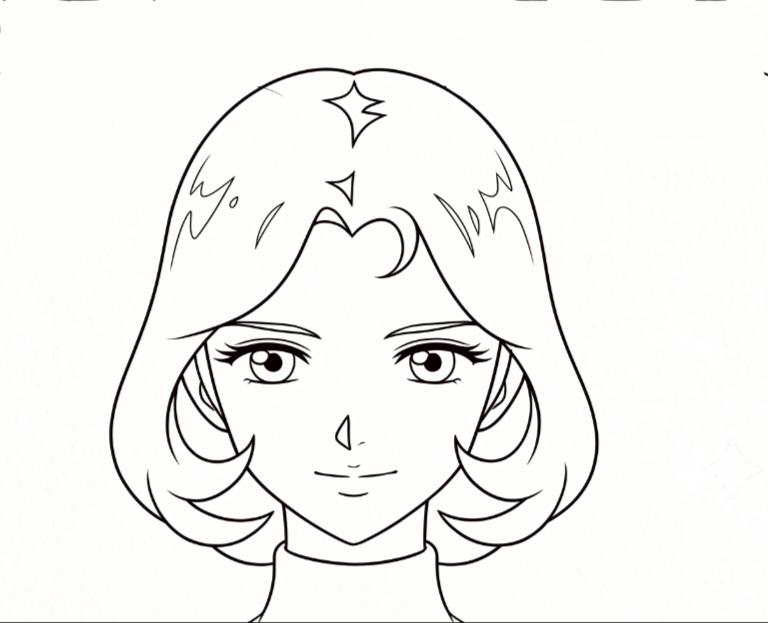 Step 7 final clean line art of Hikaru Makiba face drawing with hair highlights.