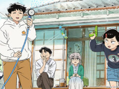 Hirayasumi anime key visual with Hiroto and Natsumi outside the Asagaya house