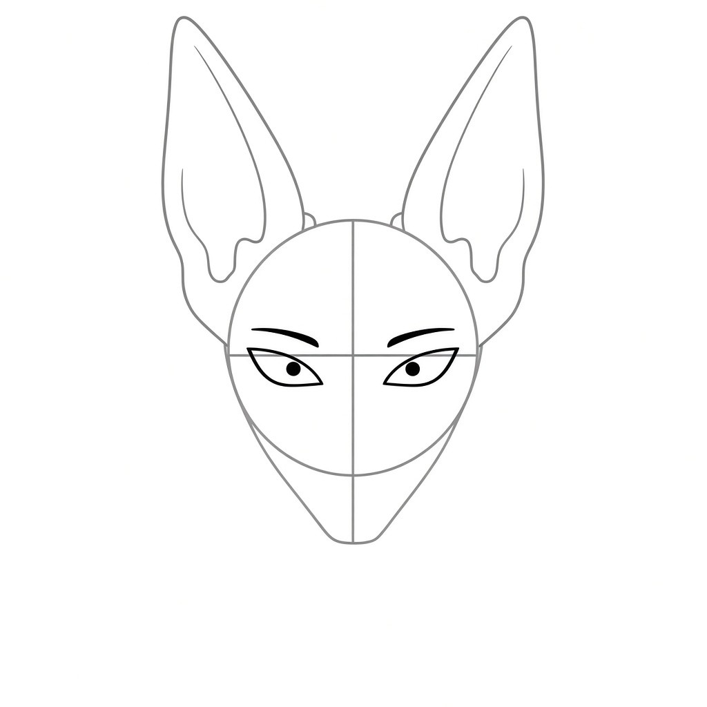 Drawing Beerus's narrow angled eyes and brow ridges on the eye line