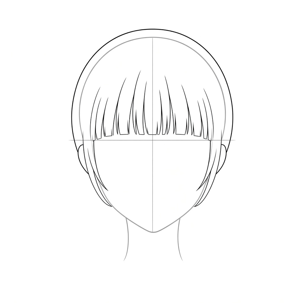Drawing blunt bangs, the hair outline and ears for Maomao