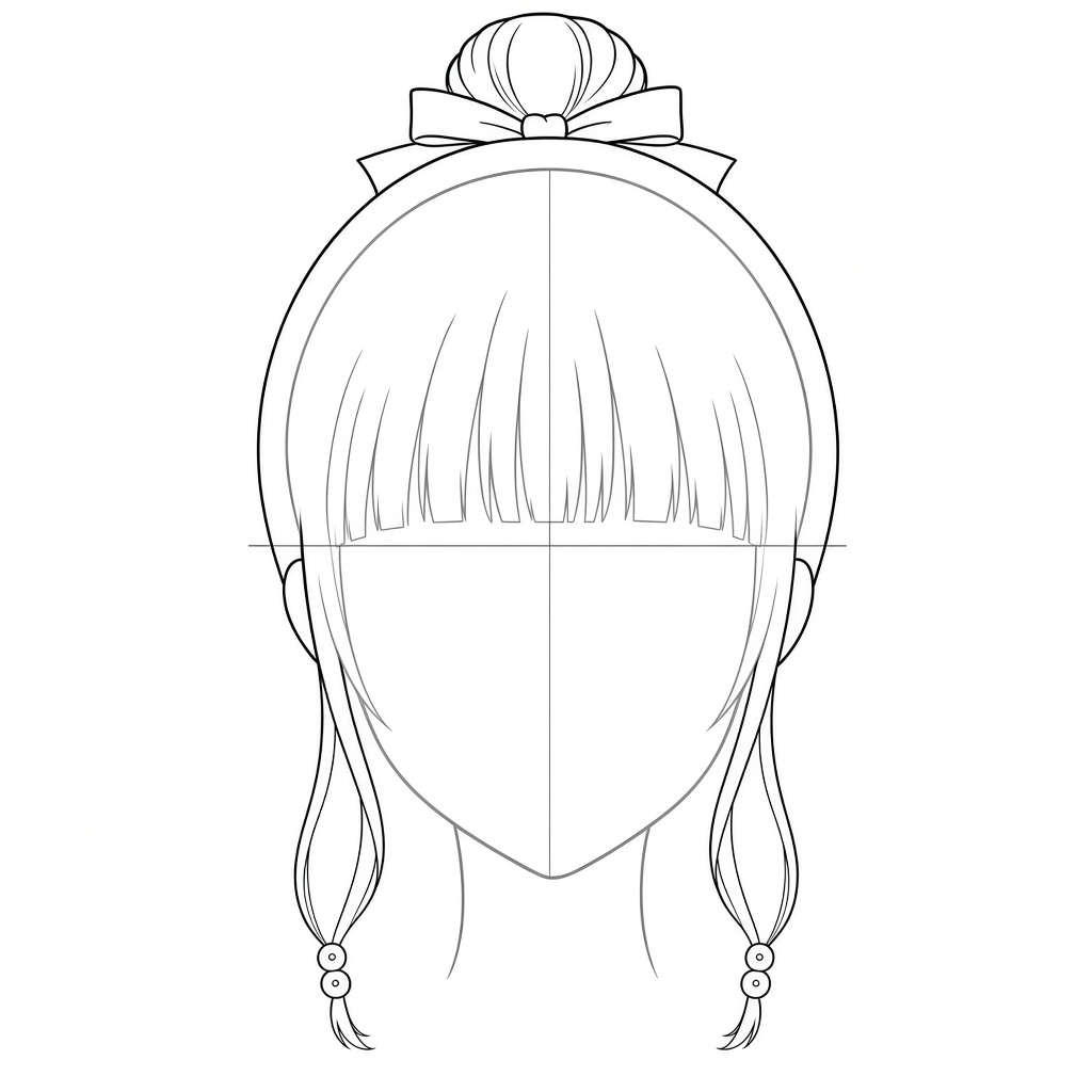Drawing two long face-framing locks with beads near the tips