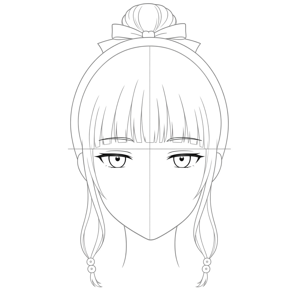 Drawing half-lidded almond eyes and thin eyebrows on the guideline