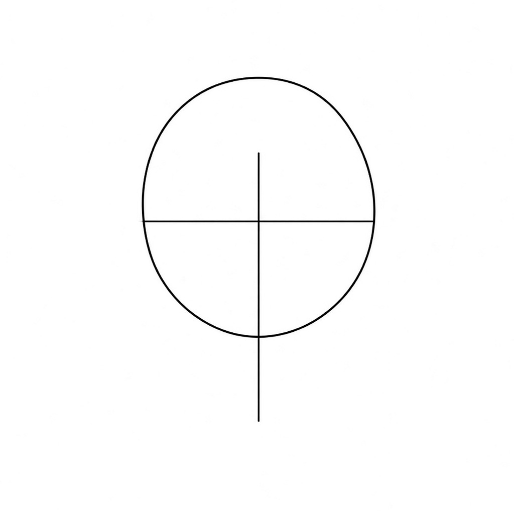 Sketch the head circle with a horizontal eye line and a vertical centre line