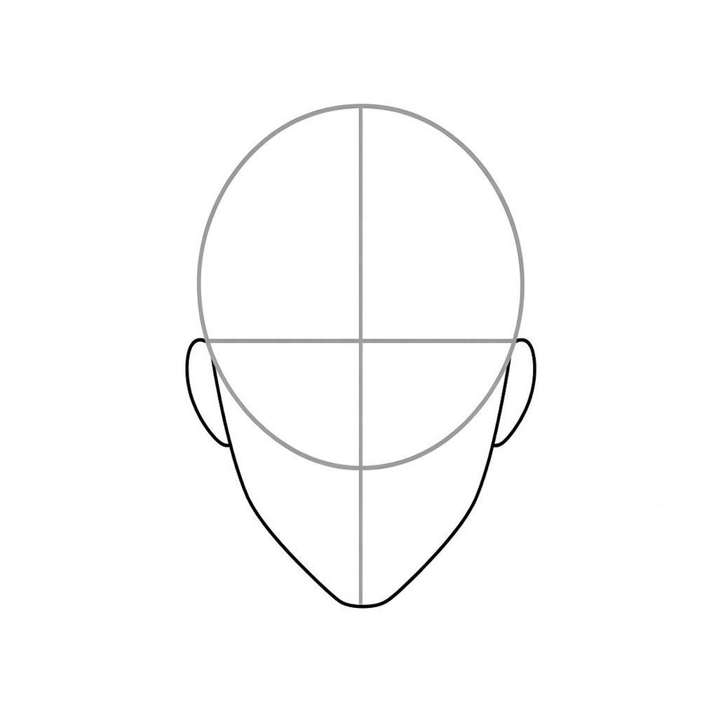 Shape the slim jaw, small rounded chin and C-shaped ears at eye-line level
