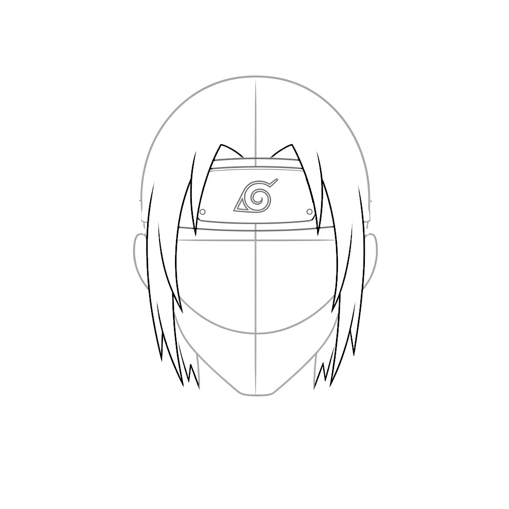 Add long pointed bangs on both sides of the face and two tips above the plate