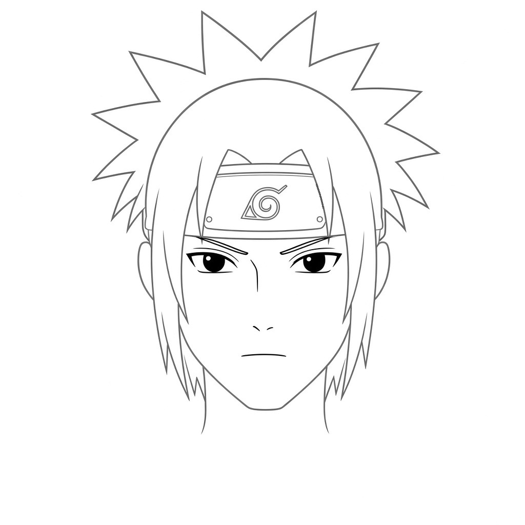 Add narrow dark eyes, angled brows, a small nose, a flat mouth and two short neck lines