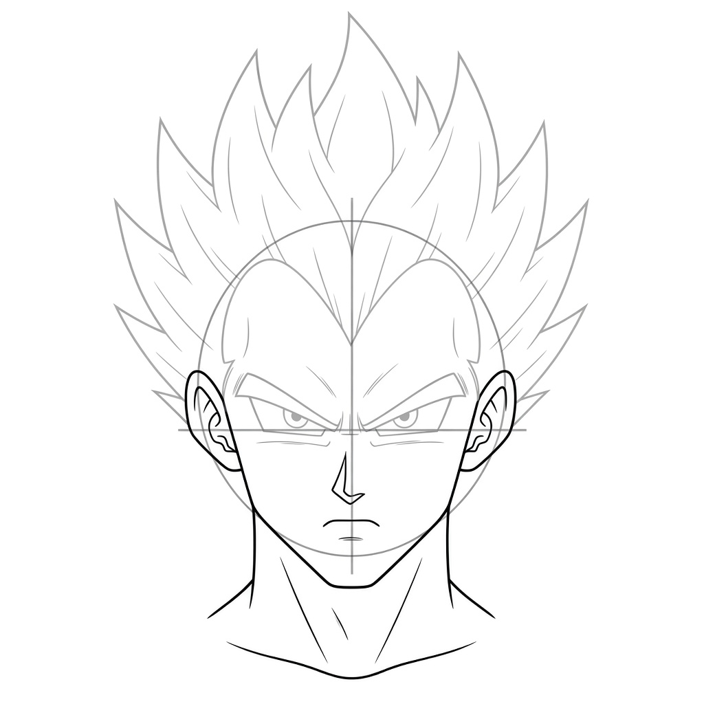 Adding the nose, downturned mouth, ears and neck to Vegeta face