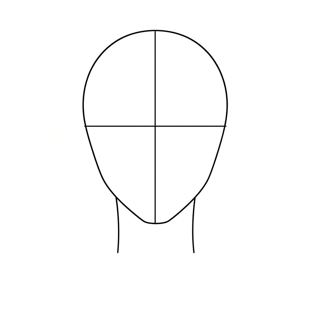 Sketching an egg-shaped head with centre and eye guidelines and neck lines
