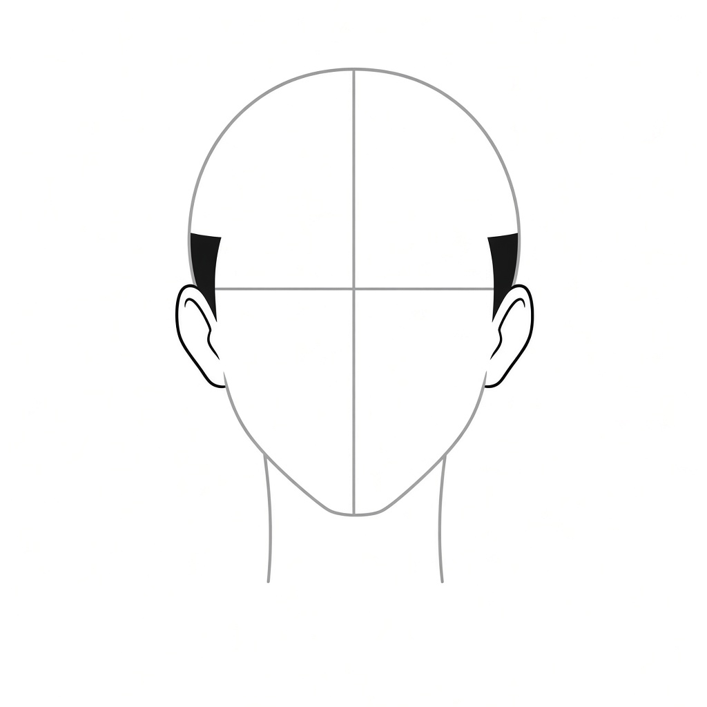 Adding C-shaped ears and dark undercut wedges on the sides of the head