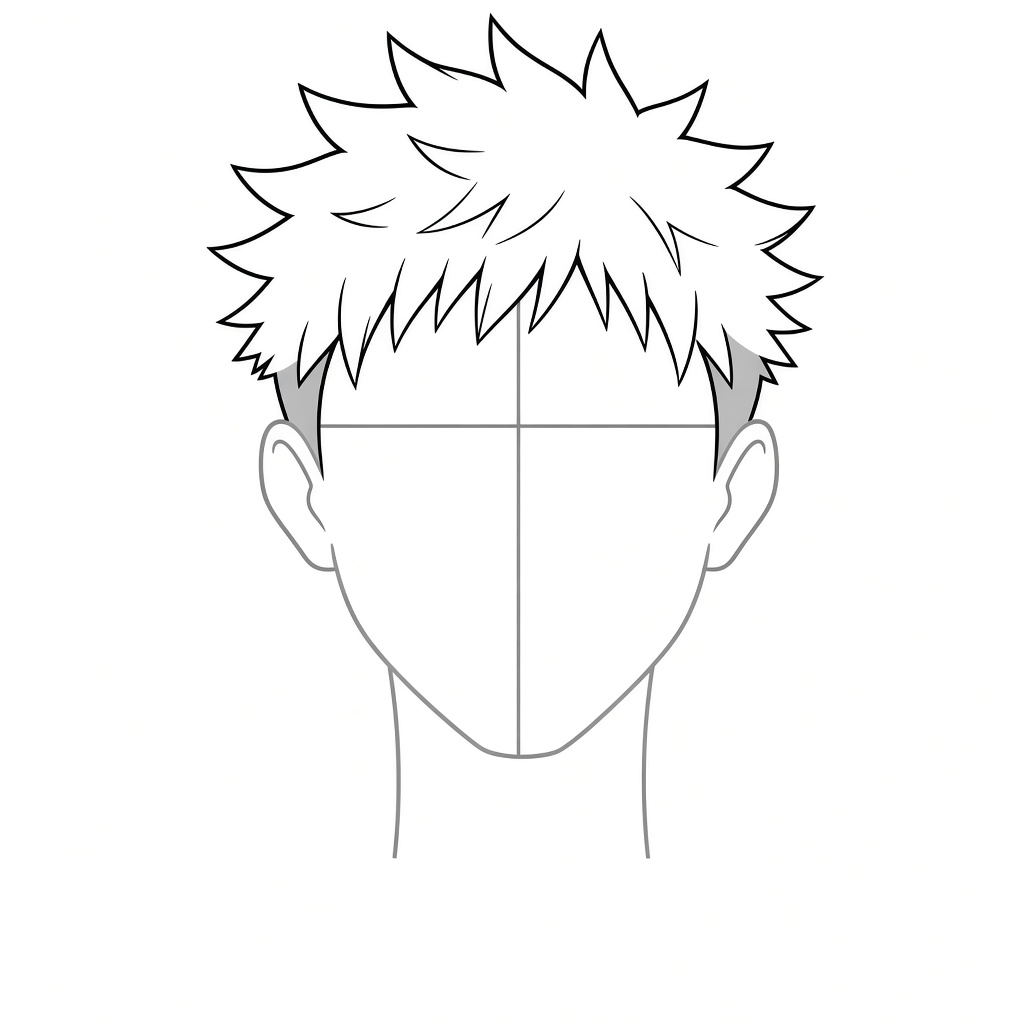 Drawing the spiky top hair mass and pointed bangs over the forehead