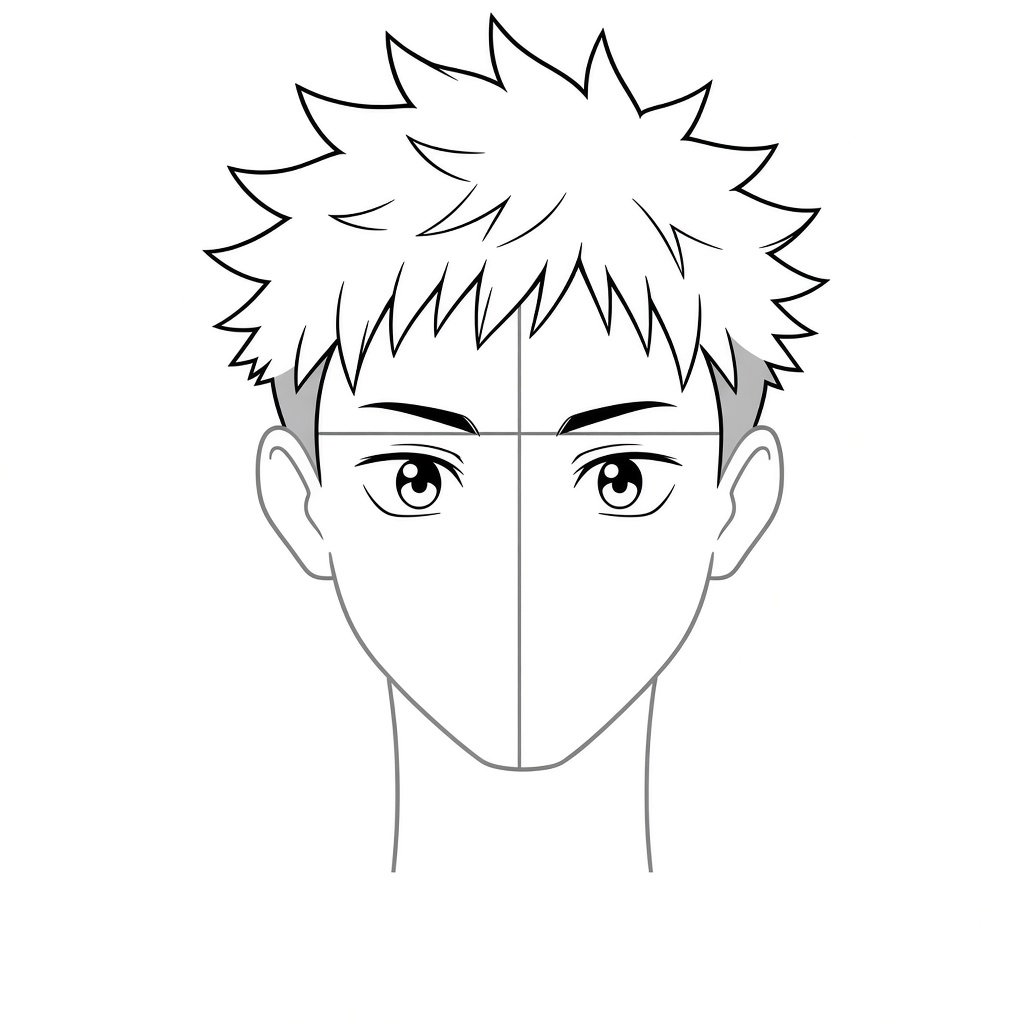 Drawing large eyes and thick angled eyebrows on the eye guideline