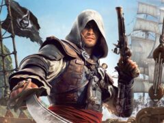 Assassin's Creed Black Flag Resynced art of hooded pirate Edward Kenway holding a cutlass and flintlock pistol on a ship deck, with sails and a skull flag behind him.