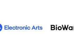 Electronic Arts logo in blue next to the black BioWare wordmark on a white background