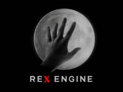 REX Engine logo art with a hand reaching toward a full moon on black