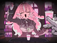 Pink-haired horned demon raising a shot glass behind a bar while a gloved hand holds another glass in Drunken Goddess Reflux