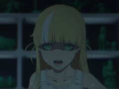 Anime still of a frightened blonde girl with a white streak in her bangs and green eyes, standing before shelves of green toy figures in a dark room.