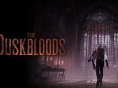 The Duskbloods key art showing a white-haired figure in a long coat walking toward a tall gothic iron gate in a dim cathedral hall, beside the game's logo.