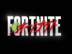 Fortnite logo in white block letters on a black background, overlaid with the game's name in red Japanese katakana brush lettering and a green paint splash.