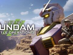 Key art for Mobile Suit Gundam Battle Operation 3 showing a Gundam mobile suit crouched on a desert canyon ridge beside a helmeted infantry soldier holding a rifle.