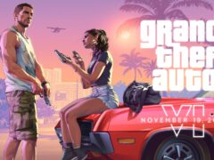 Grand Theft Auto VI key art of Jason and Lucia beside a red car under Vice City palm trees, dated November 19, 2026