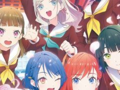 Key visual of Hasu no Sora school idols in wine-red sailor uniforms smiling among falling cherry blossom petals
