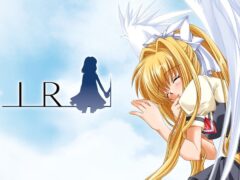 Air visual novel key art of a long-haired blonde girl with a white ribbon, eyes closed, beside large white wings and the AIR logo against a blue sky