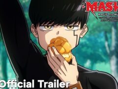Mash Burnedead eating a cream puff with one arm raised in a forest, beside the Mashle: Magic and Muscles Tri-Magicathlon arc logo and an Official Trailer caption.