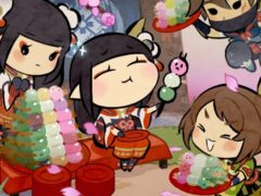 Capcom commemorative chibi-style artwork of Monster Hunter Rise Kamura Village characters eating stacks of colorful dango under falling cherry blossom petals