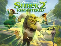 Shrek 2 Remastered key art with Shrek running toward the camera, flanked by Fiona, Puss in Boots, Donkey and Gingy in a sunlit swamp under the DreamWorks logo