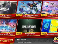 Sonic Racing CrossWorlds Season Pass Two graphic showing six DLC packs: Godzilla, Evangelion, Virtual Sanrio Puroland, SEGALAND, Final Fantasy VII Midgar, and Persona