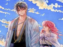 Yona of the Dawn manga volume 48 cover art showing a dark-haired man in a light robe standing beside a red-haired young woman under a blue sky with clouds and birds