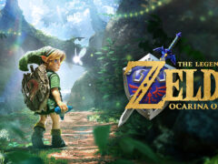 Young Link holding the blue Ocarina of Time on a forest path with Navi glowing beside him, next to The Legend of Zelda: Ocarina of Time logo with the Master Sword and Hylian Shield
